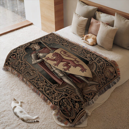 Medieval Knight Tapestry Blanket with Cat Print Design