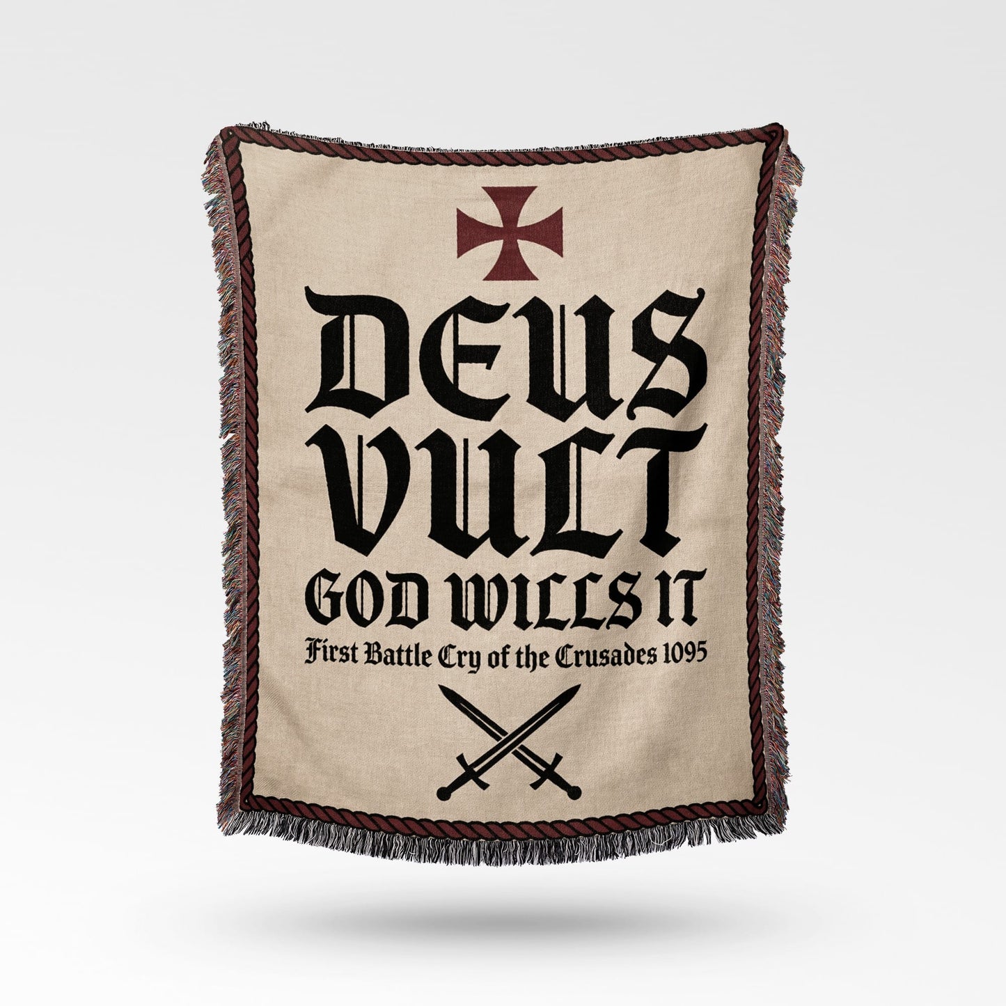 Tapestry with "Deus Vult" and crossed swords design.