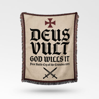 Tapestry with "Deus Vult" and crossed swords design.