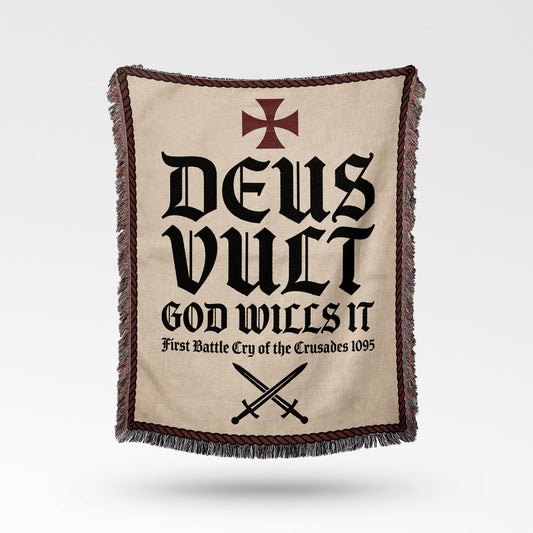 Tapestry with "Deus Vult" and crossed swords design.
