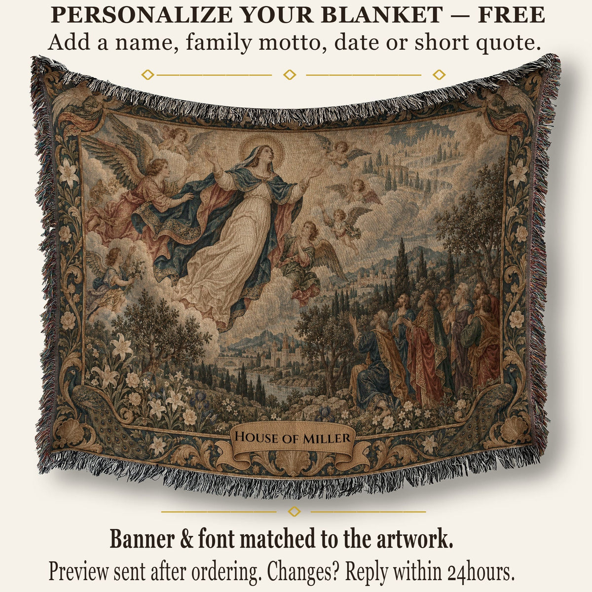 A woven throw blanket displays a classic religious tapestry featuring figures ascending into the clouds above a landscape, with a personalized banner at the bottom.