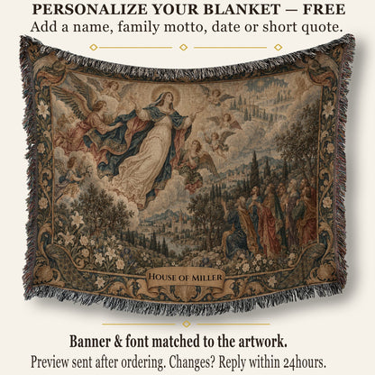 A woven throw blanket displays a classic religious tapestry featuring figures ascending into the clouds above a landscape, with a personalized banner at the bottom.