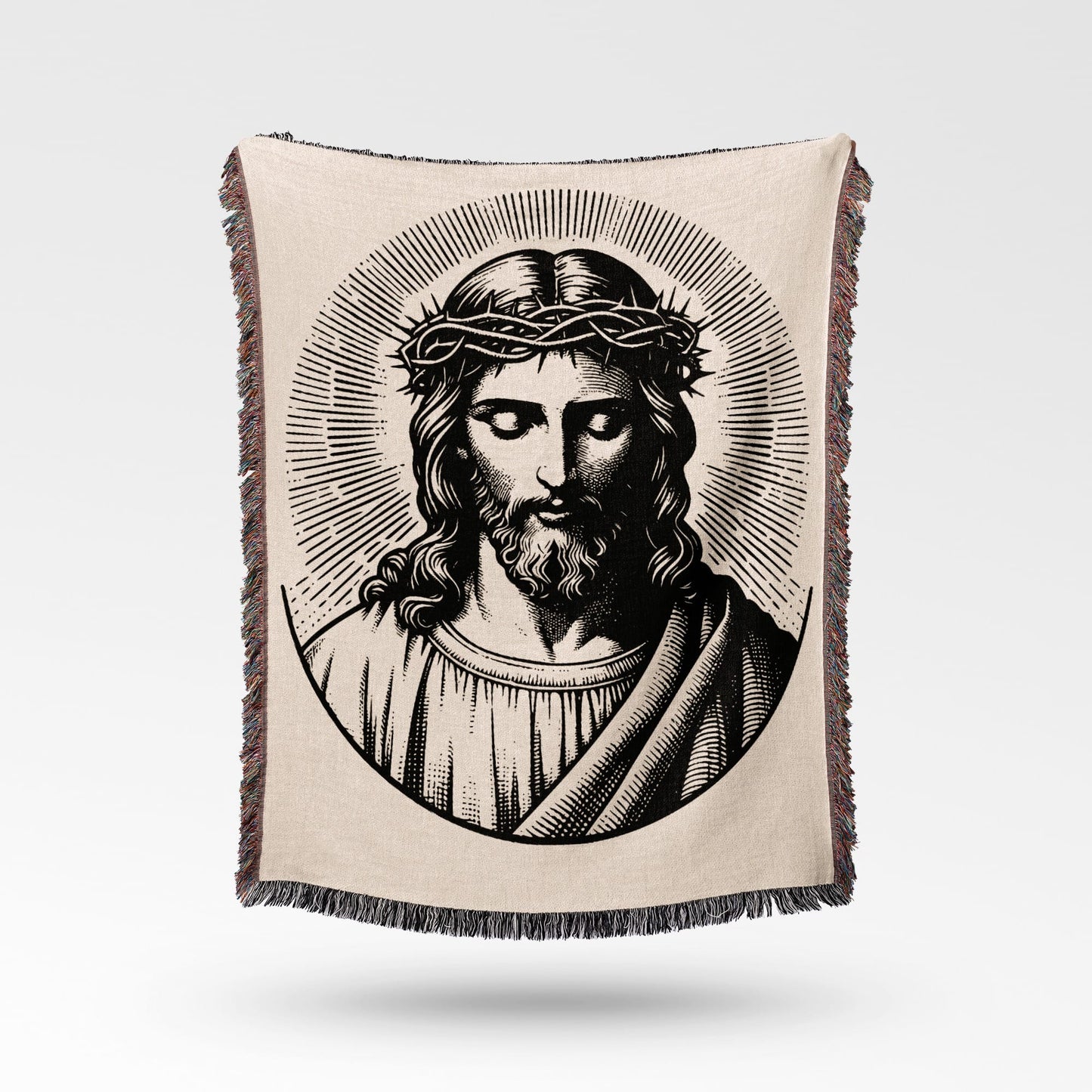 Tapestry depicting Jesus Christ wearing a crown of thorns, with a halo.