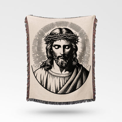 Tapestry depicting Jesus Christ wearing a crown of thorns, with a halo.
