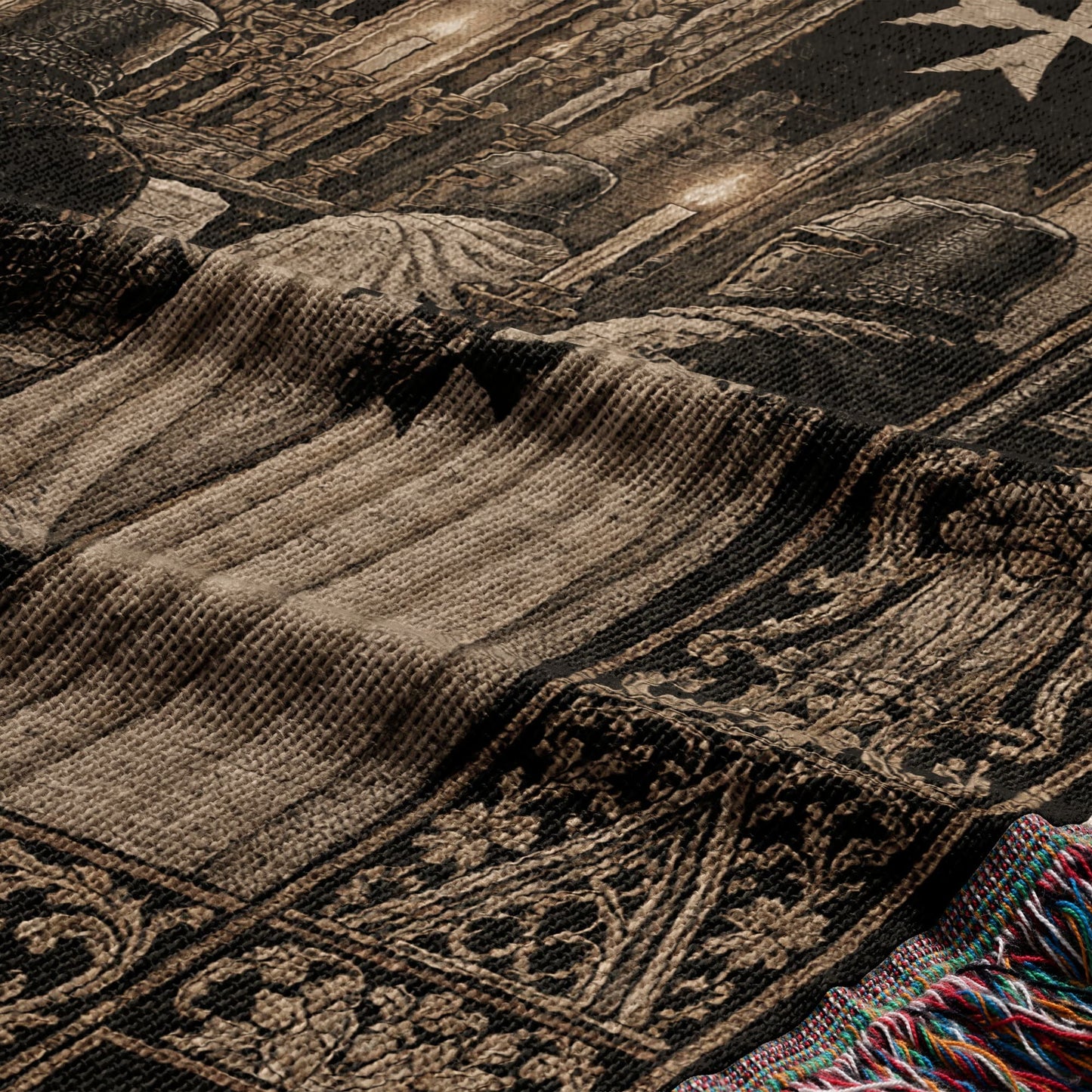 Tapestry with detailed architectural and figural designs in brown and tan.