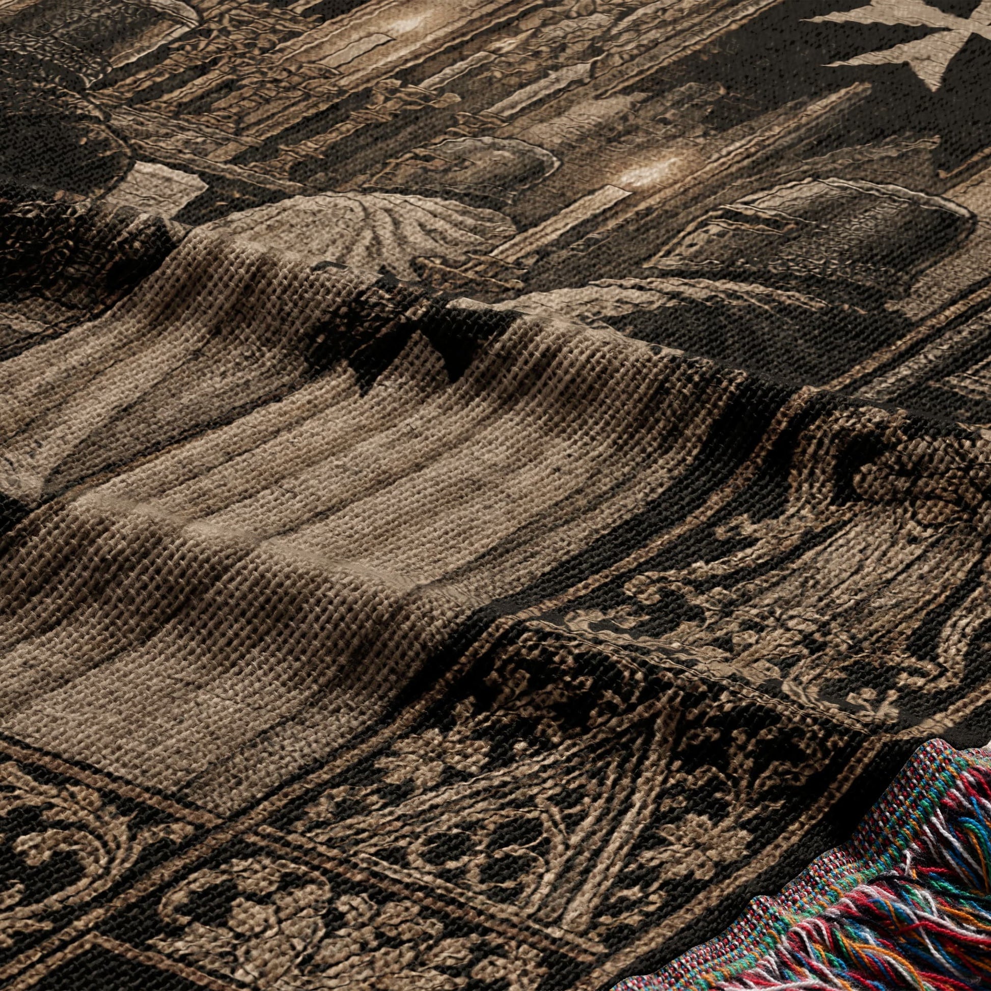 Tapestry with detailed architectural and figural designs in brown and tan.