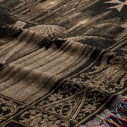 Tapestry with detailed architectural and figural designs in brown and tan.