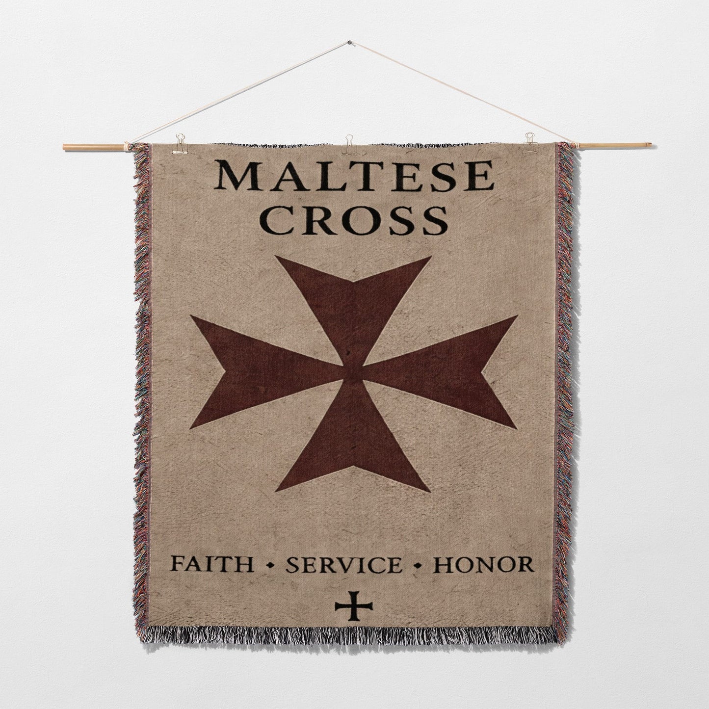 Tapestry with "MALTESE CROSS" and "FAITH SERVICE HONOR" text and a Maltese cross symbol.