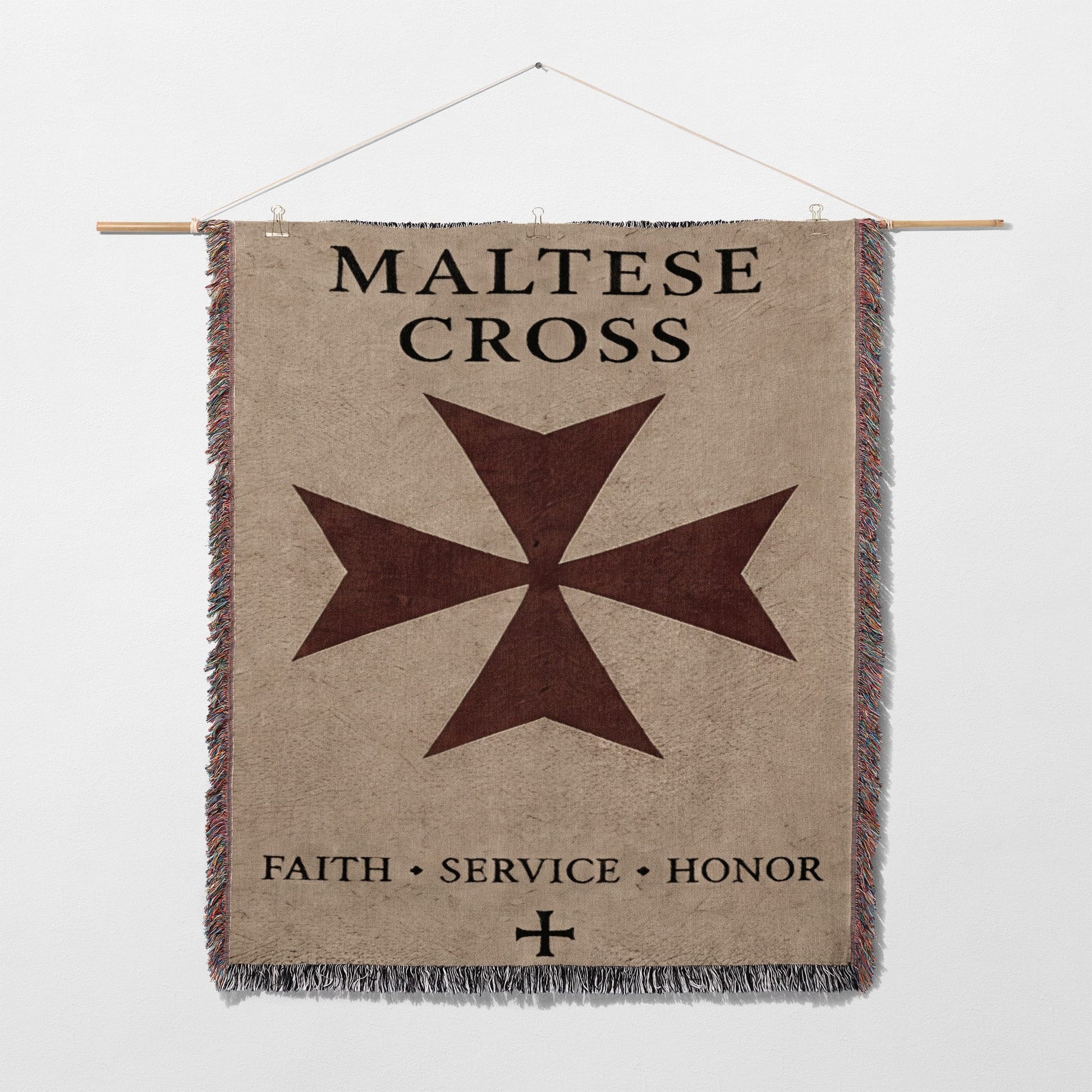 Tapestry with "MALTESE CROSS" and "FAITH SERVICE HONOR" text and a Maltese cross symbol.