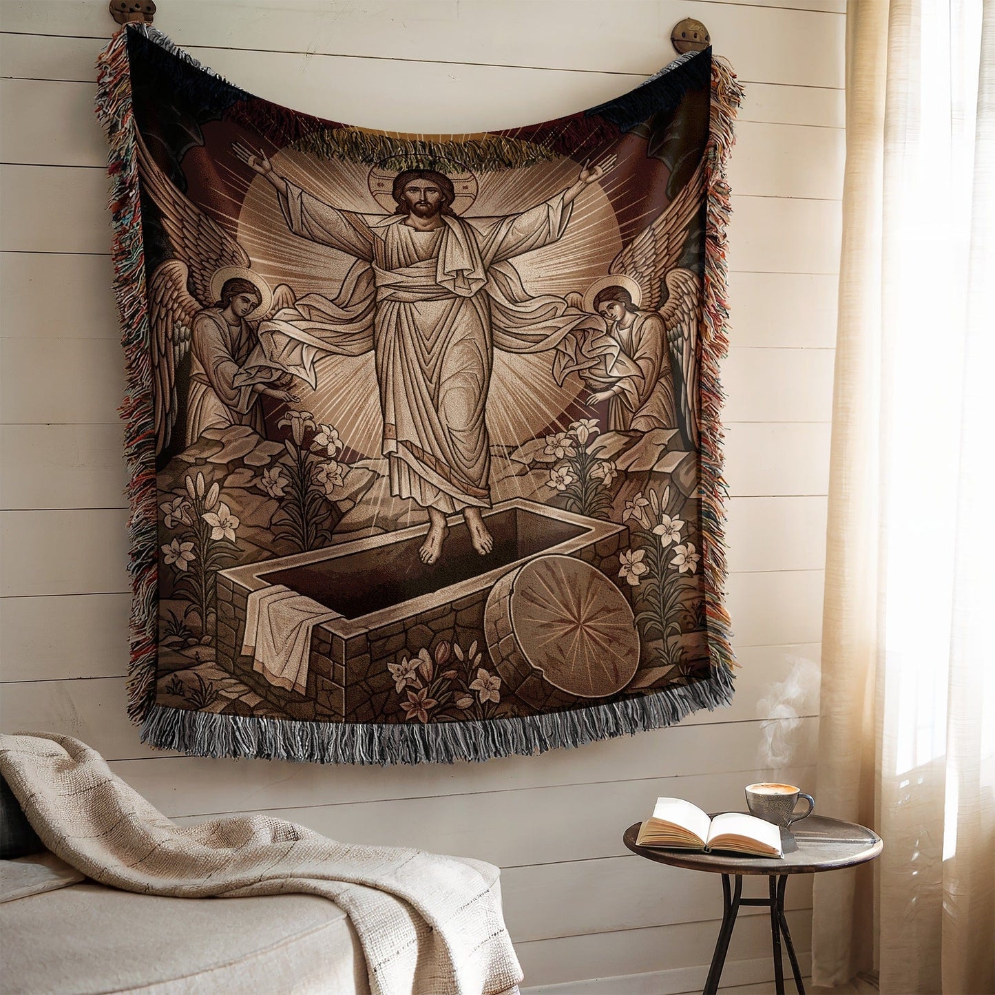 Religious Resurrection Tapestry with Angels Decor Item