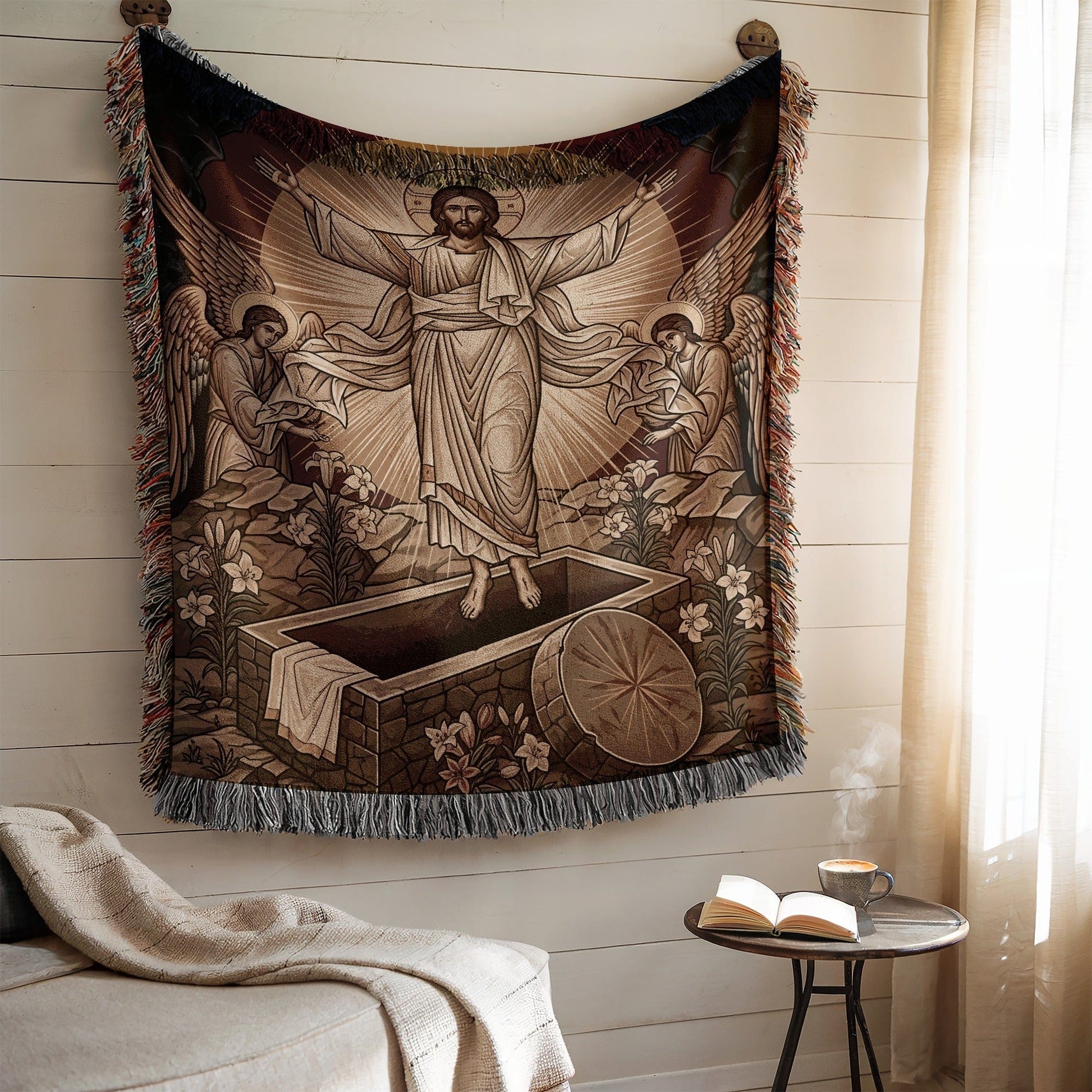 Religious Resurrection Tapestry with Angels Decor Item