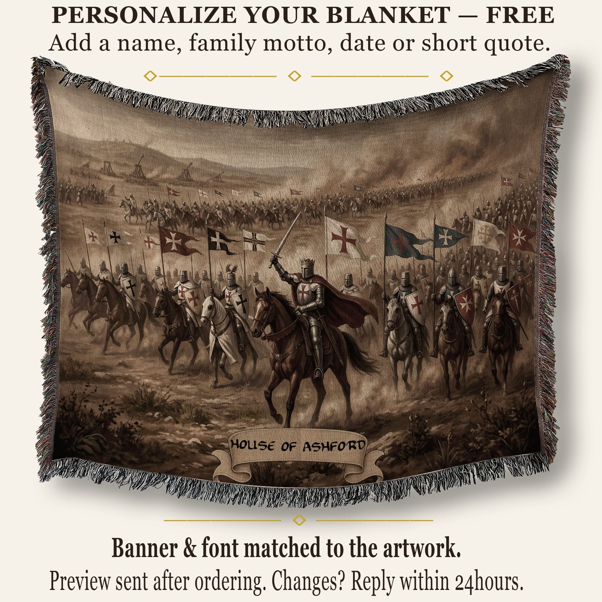 MyDesigns Medieval Blanket – Crusader Cavalry Charge Woven Throw, Templar Banners jacquard woven blanket