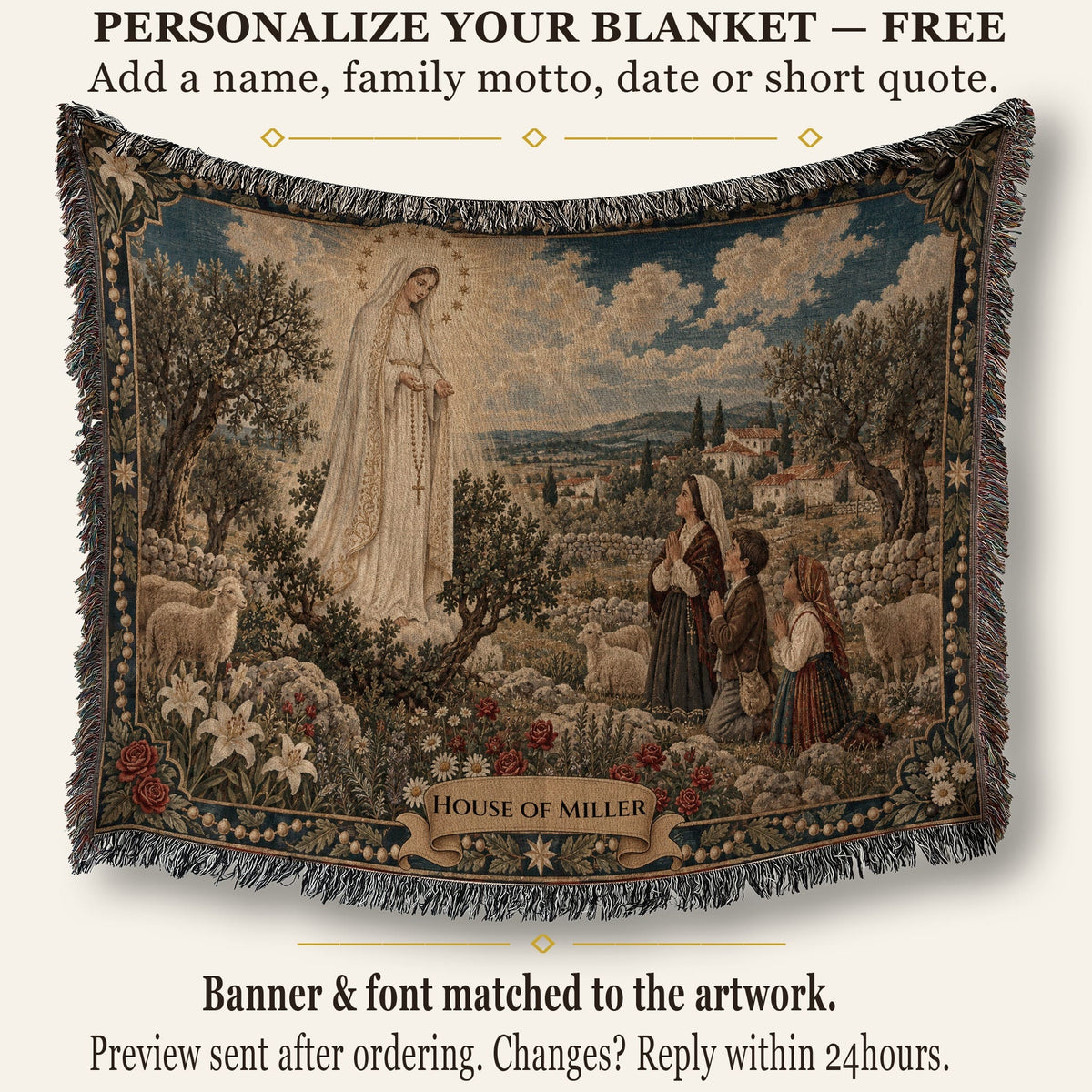 CalmNestStyle Our Lady of Fatima jacquard woven blanket