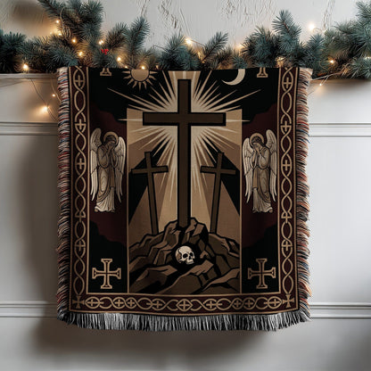 Religious Themed Blanket with Cross and Angels Design