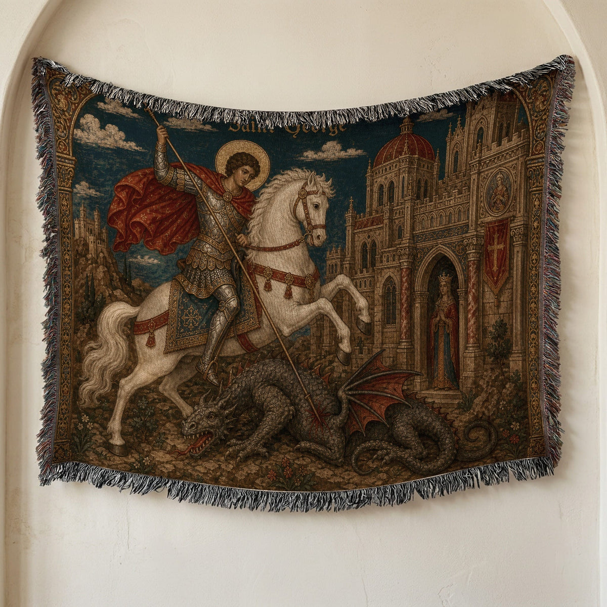 CalmNestStyle Saint George Icon at the Castle jacquard woven blanket
