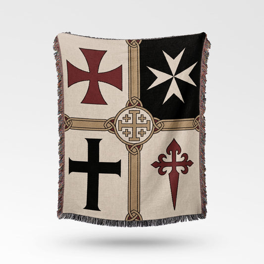 Tapestry throw with four heraldic crosses: Templar, Knights of Malta, Santiago, and Calatrava.