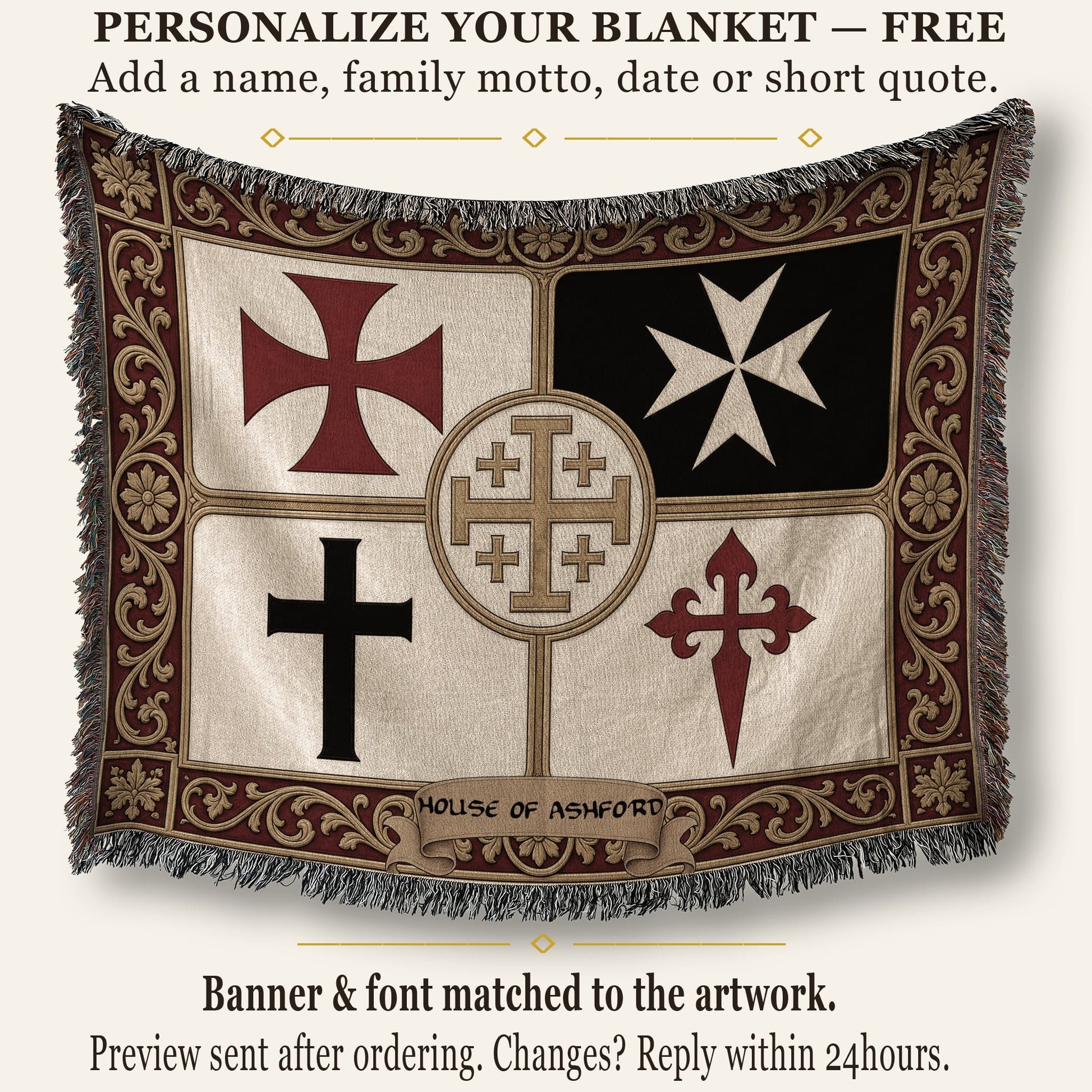 MyDesigns Medieval Wall Hanging – Santiago Templar Hospitaller Teutonic Woven Blanket, Acanthus Border jacquard woven blanket