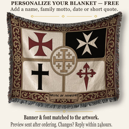 MyDesigns Medieval Wall Hanging – Santiago Templar Hospitaller Teutonic Woven Blanket, Acanthus Border jacquard woven blanket