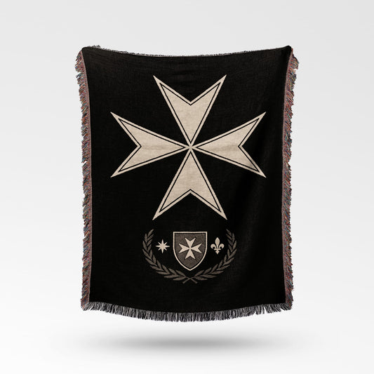 Black throw blanket with a white Maltese cross and a grey laurel wreath.