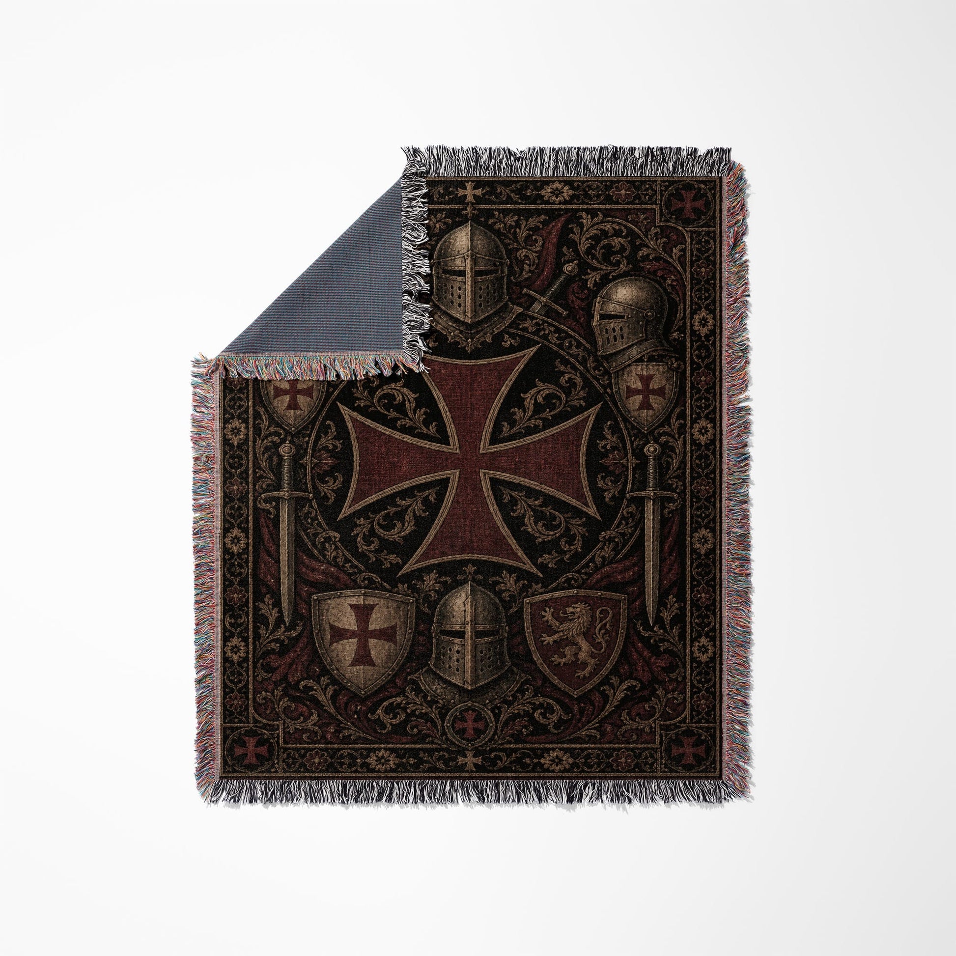 Tapestry throw blanket with Templar cross, helmets, and shields.