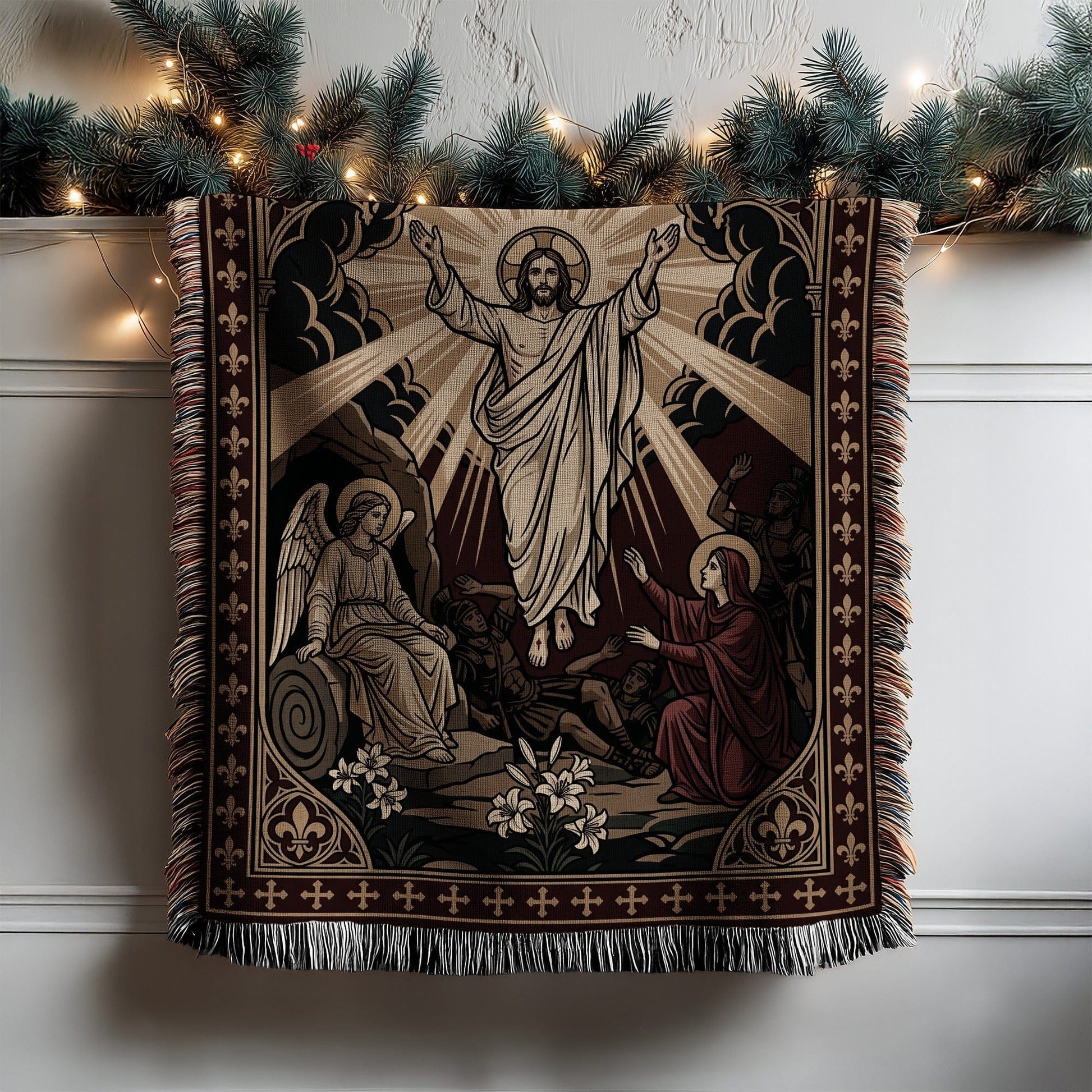 Religious Tapestry with Jesus and Angels Religious Decor