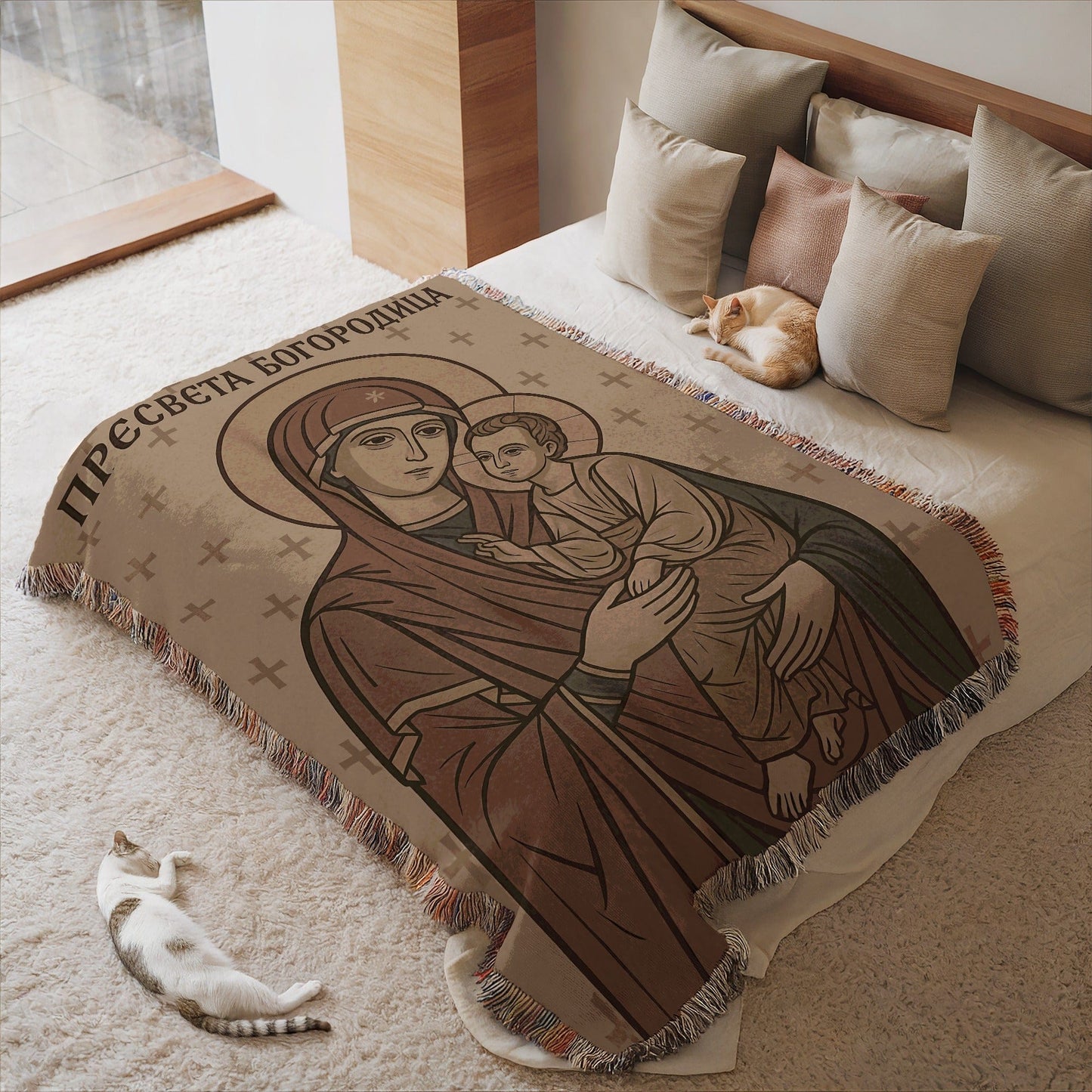Religious Mother and Child Icon Woven Throw Blanket