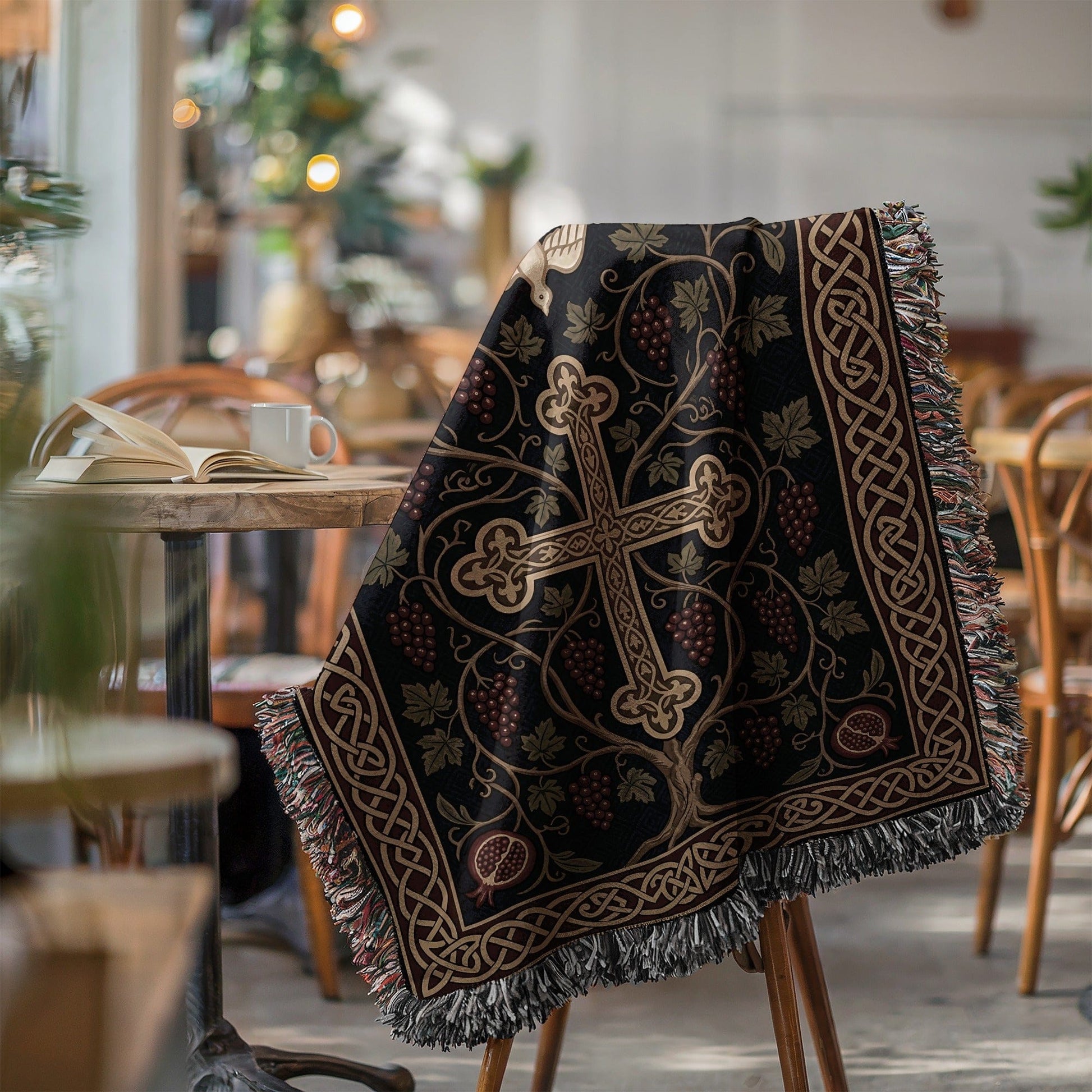Ornate Cross and Vine Pattern Woven Throw Blanket