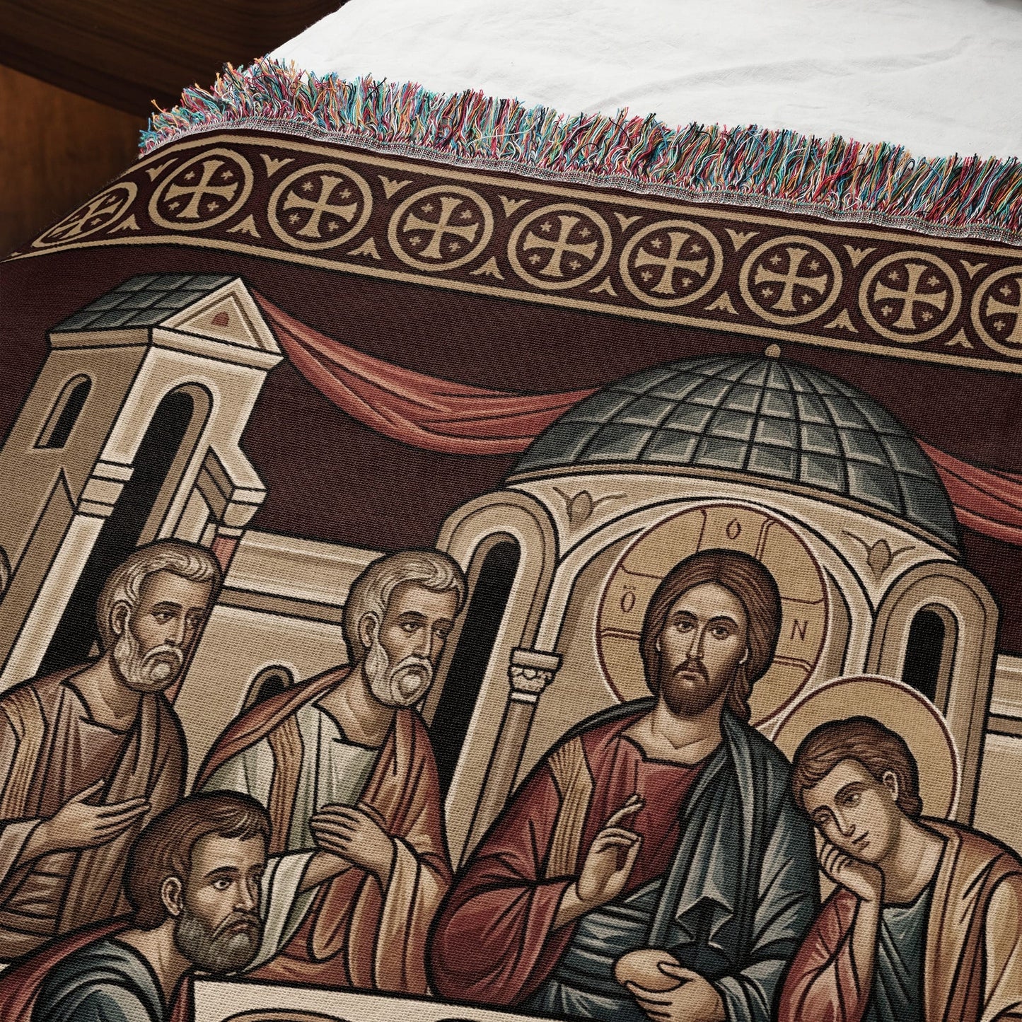 MyDesigns Mystical Supper Horizontal Tapestry - Red Cream Orthodox Icon jacquard woven blanket