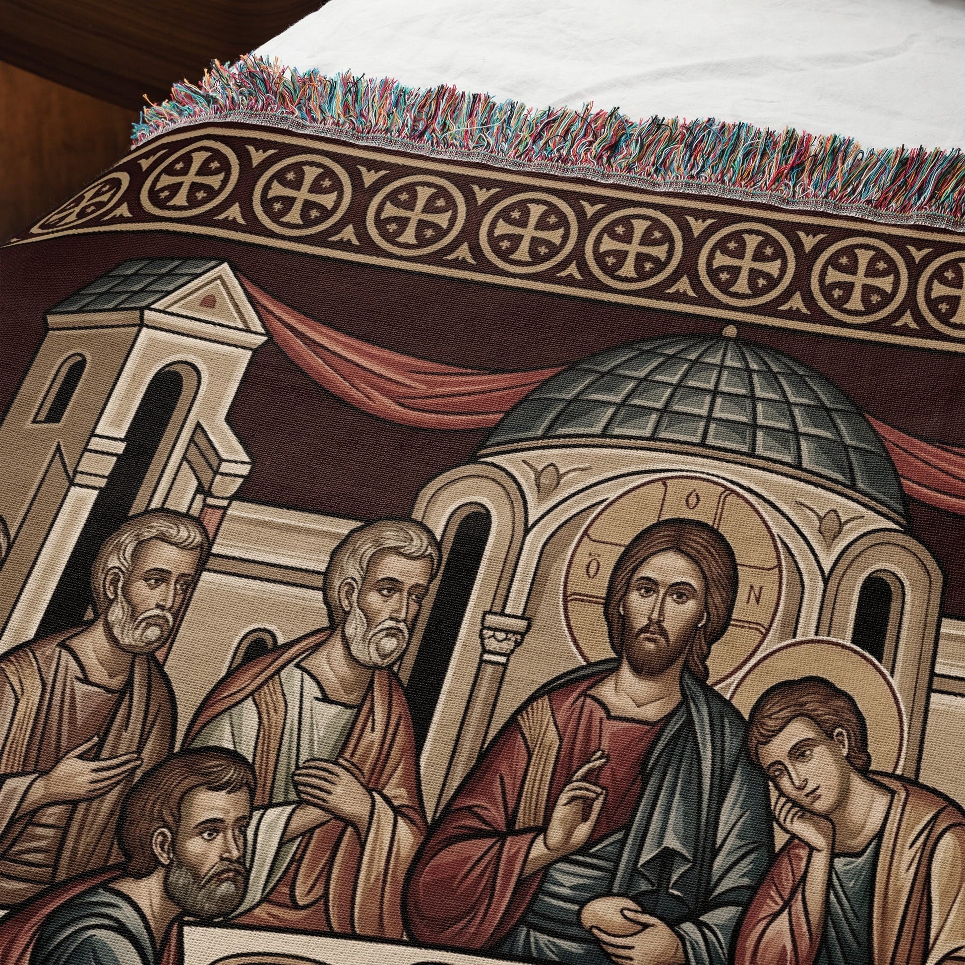 MyDesigns Mystical Supper Horizontal Tapestry - Red Cream Orthodox Icon jacquard woven blanket
