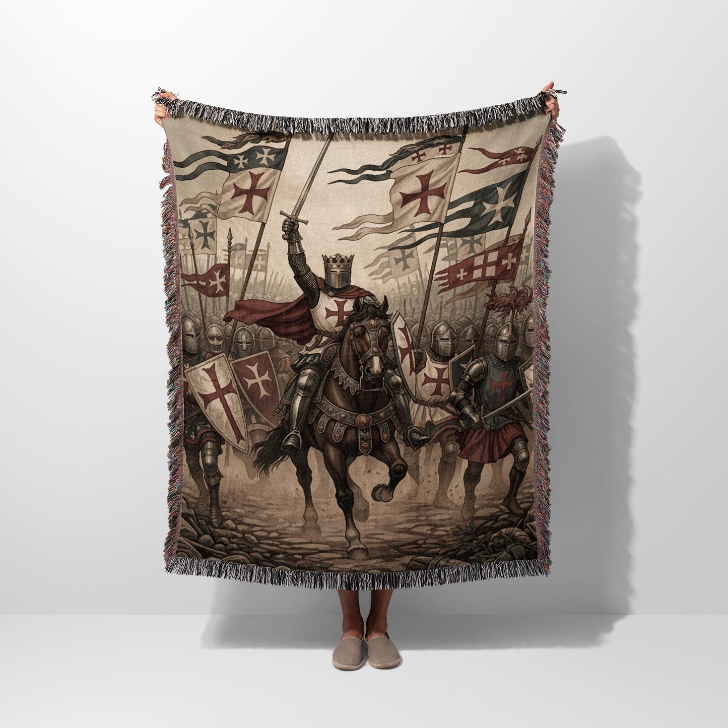 Knight on horseback leads army with banners and shields in a battle scene.