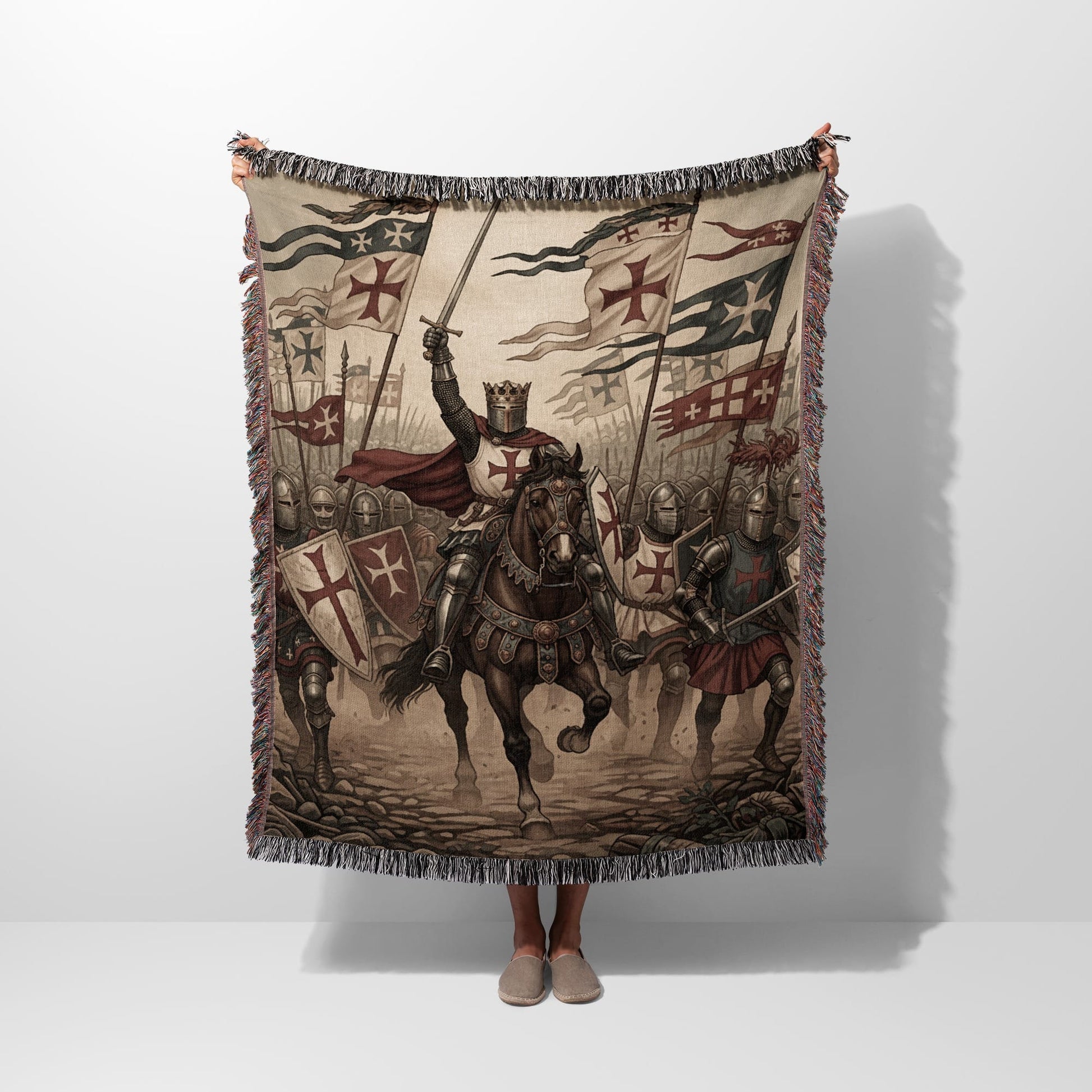 Knight on horseback leads army with banners and shields in a battle scene.