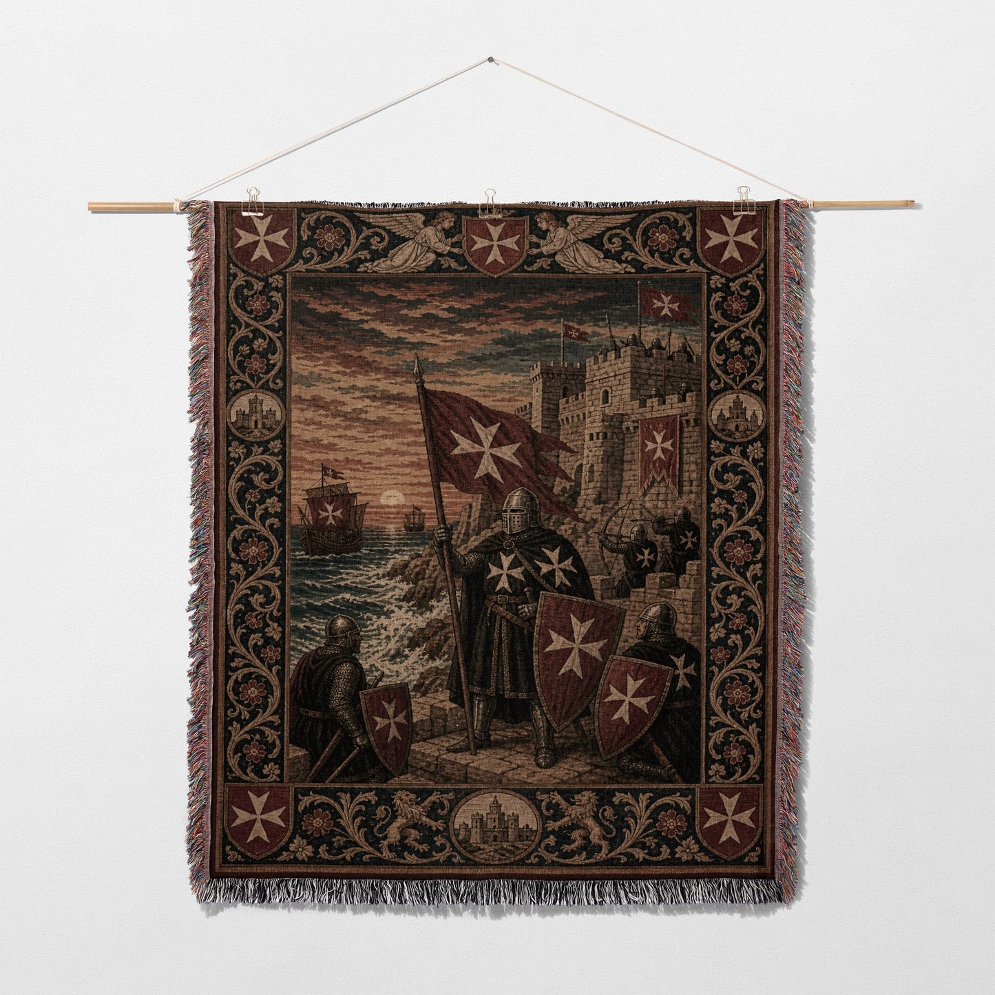Knights Templar tapestry with castle, ships, and heraldic shields.