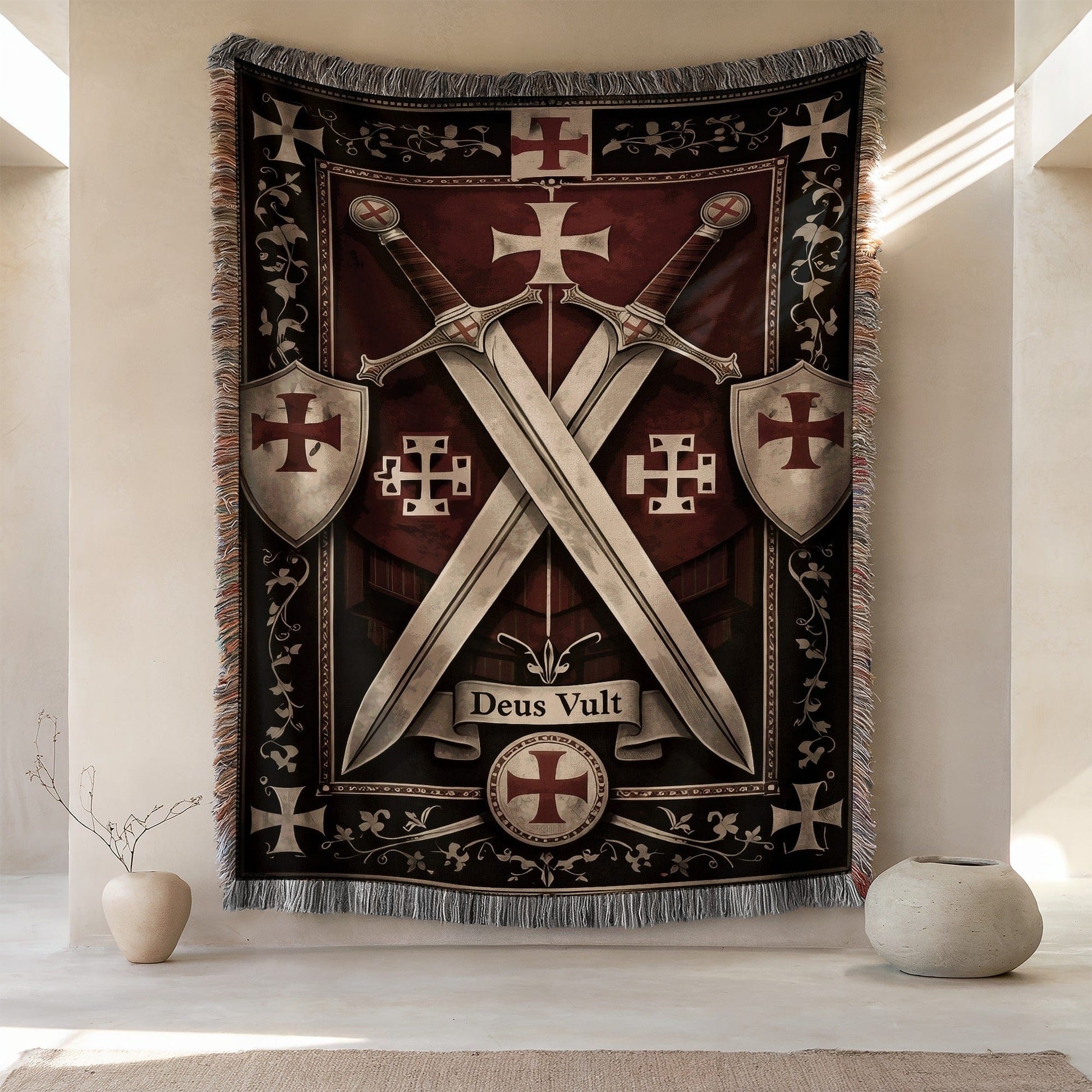 Deus Vult Medieval Knight Swords Shield Tapestry Decor