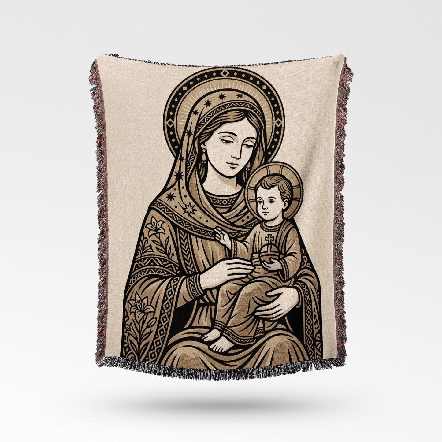 Religious blanket featuring the Virgin Mary holding the infant Jesus.