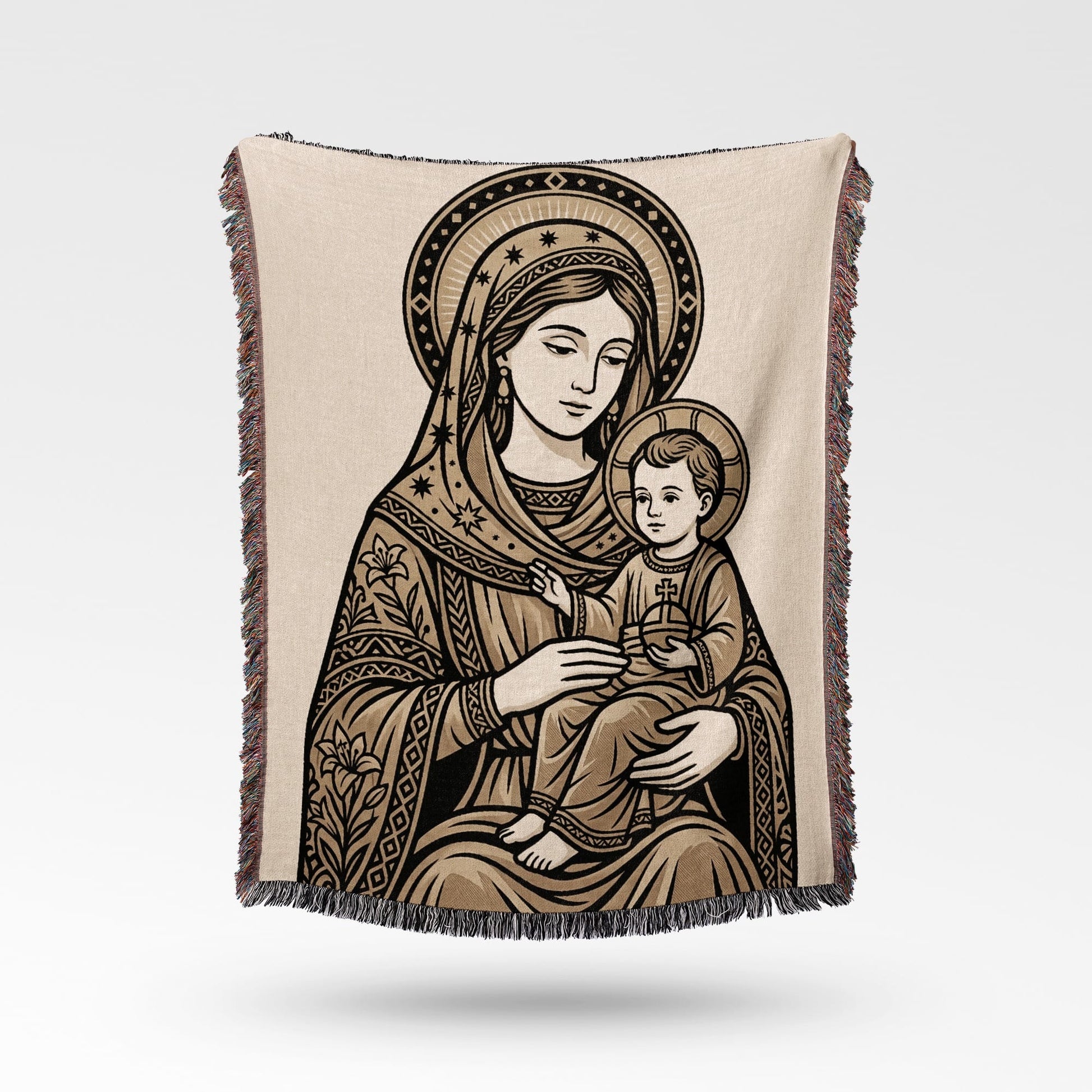 Religious blanket featuring the Virgin Mary holding the infant Jesus.