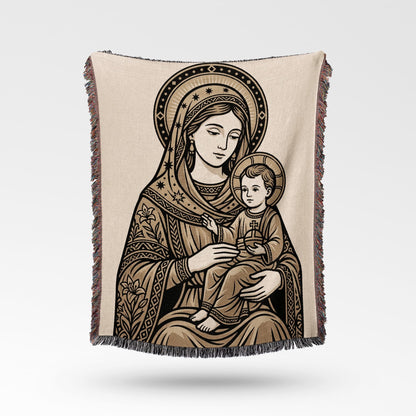 Religious blanket featuring the Virgin Mary holding the infant Jesus.