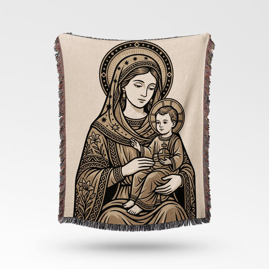 Religious blanket featuring the Virgin Mary holding the infant Jesus.