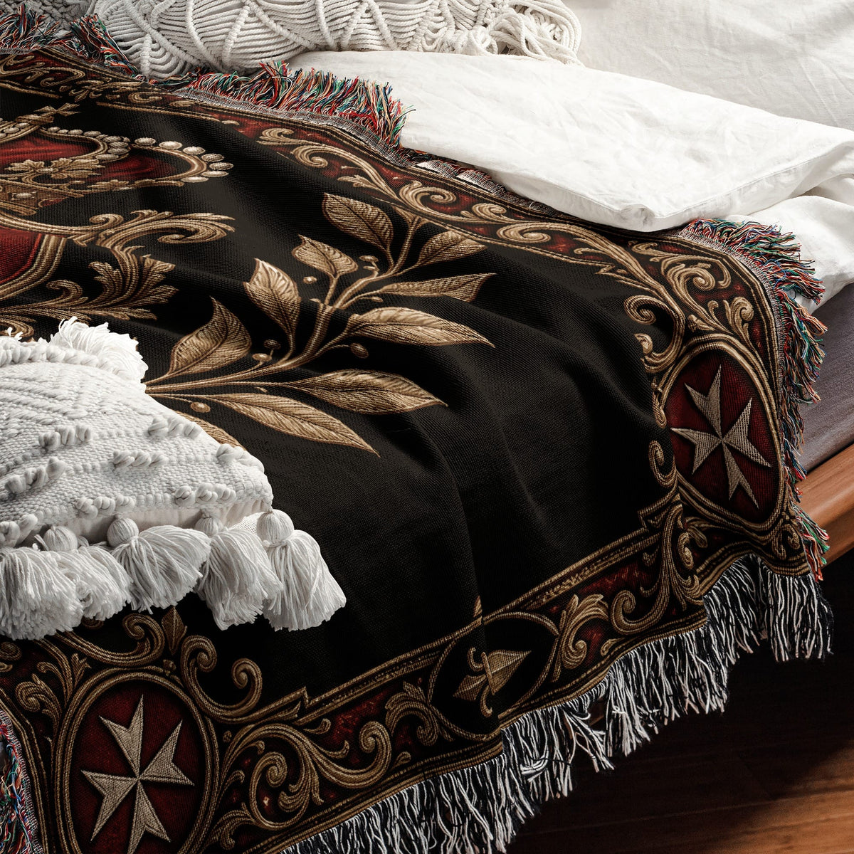 CalmNestStyle Order of Malta Crown and Gold Laurel Woven Blanket jacquard woven blanket