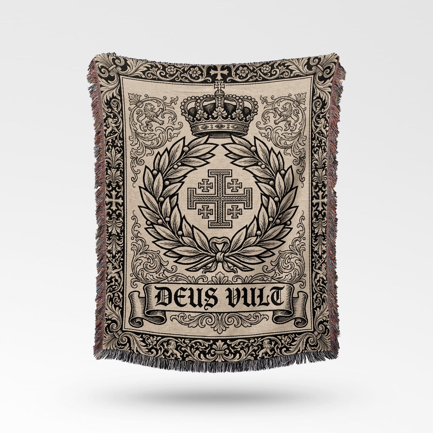 Tapestry throw with crown, Jerusalem cross, laurel wreath, and "Deus Vult" text.