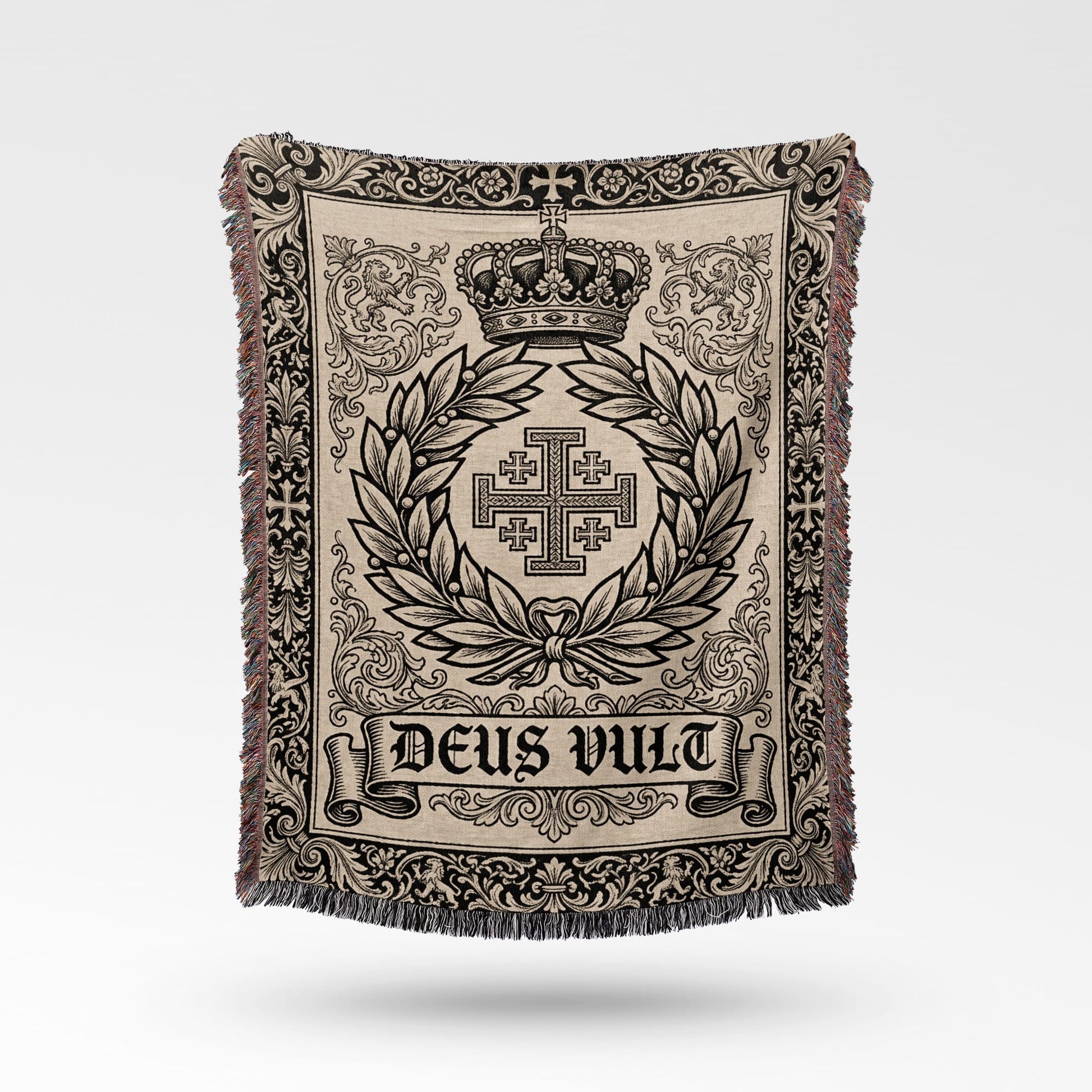 Tapestry throw with crown, Jerusalem cross, laurel wreath, and "Deus Vult" text.