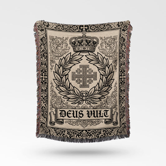 Tapestry throw with crown, Jerusalem cross, laurel wreath, and "Deus Vult" text.