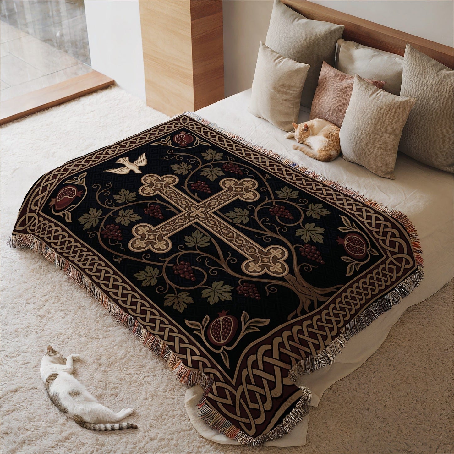 Elegant Decorative Blanket with Cross and Dove Design