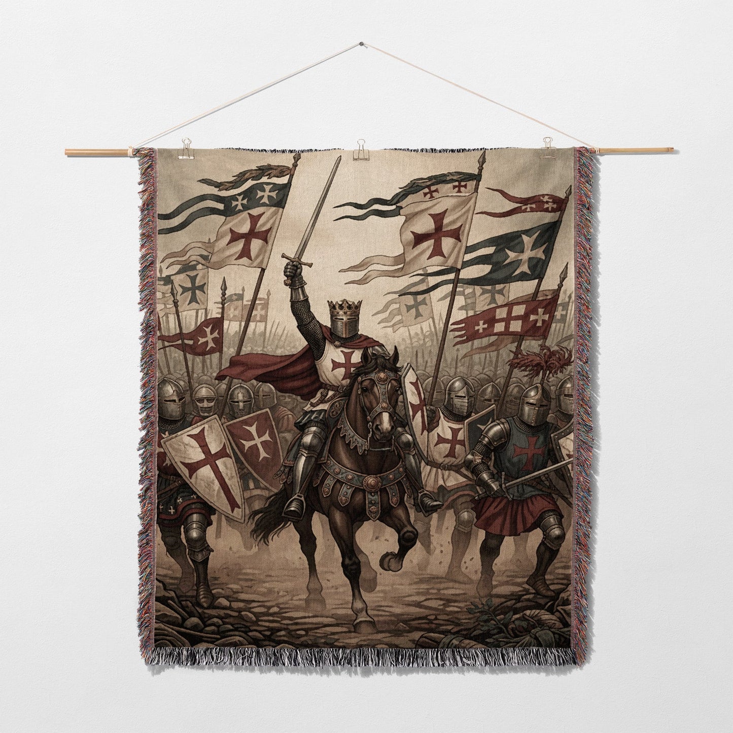 Knights Templar on horseback with swords and banners, in a battle formation.