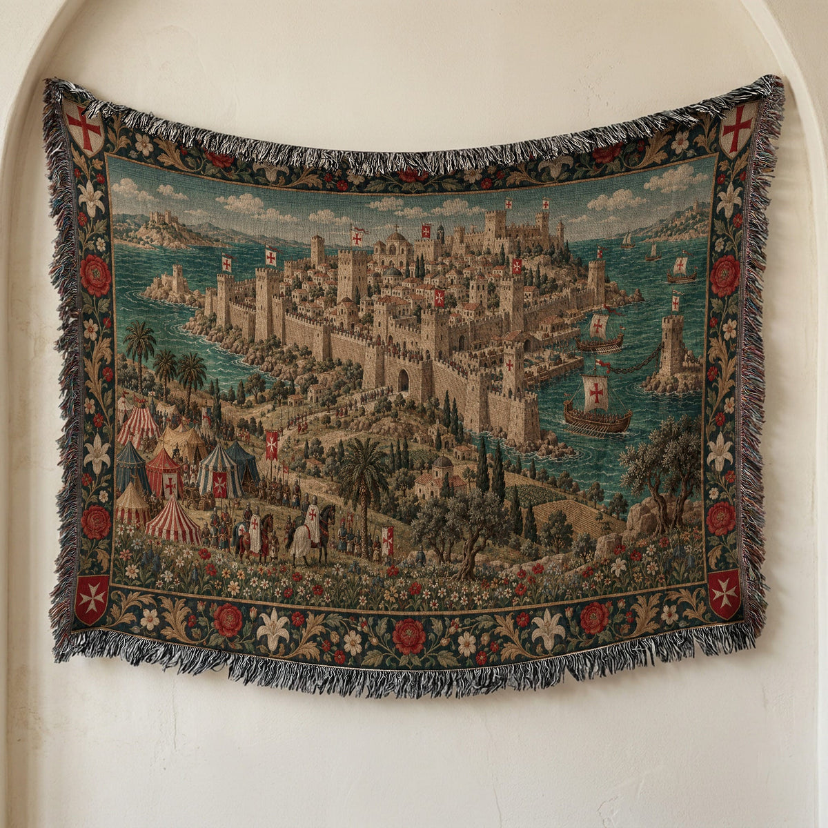 CalmNestStyle Harbor Fortress I Rose and Lily Border jacquard woven blanket