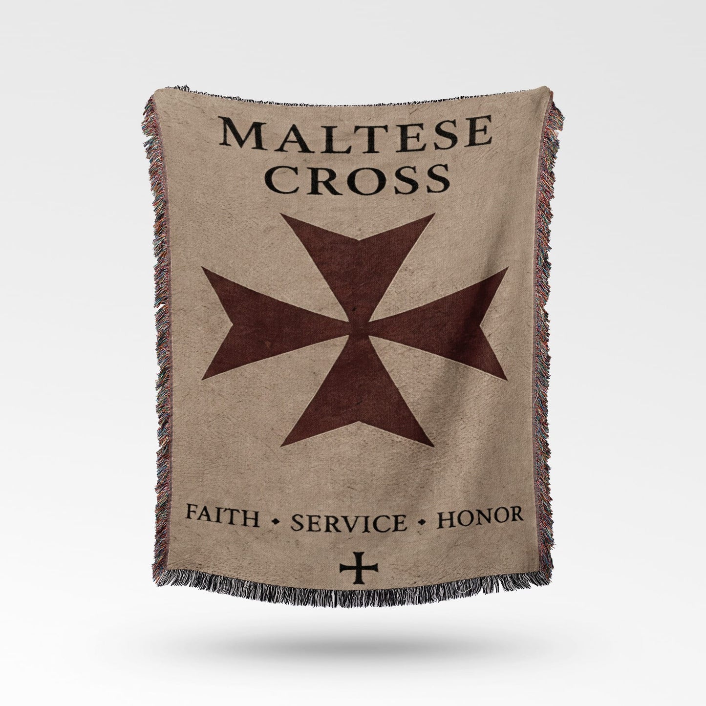 Beige blanket with Maltese cross, "Maltese Cross", and "Faith, Service, Honor".