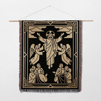 Jesus with outstretched arms surrounded by four angels and multiple people.
