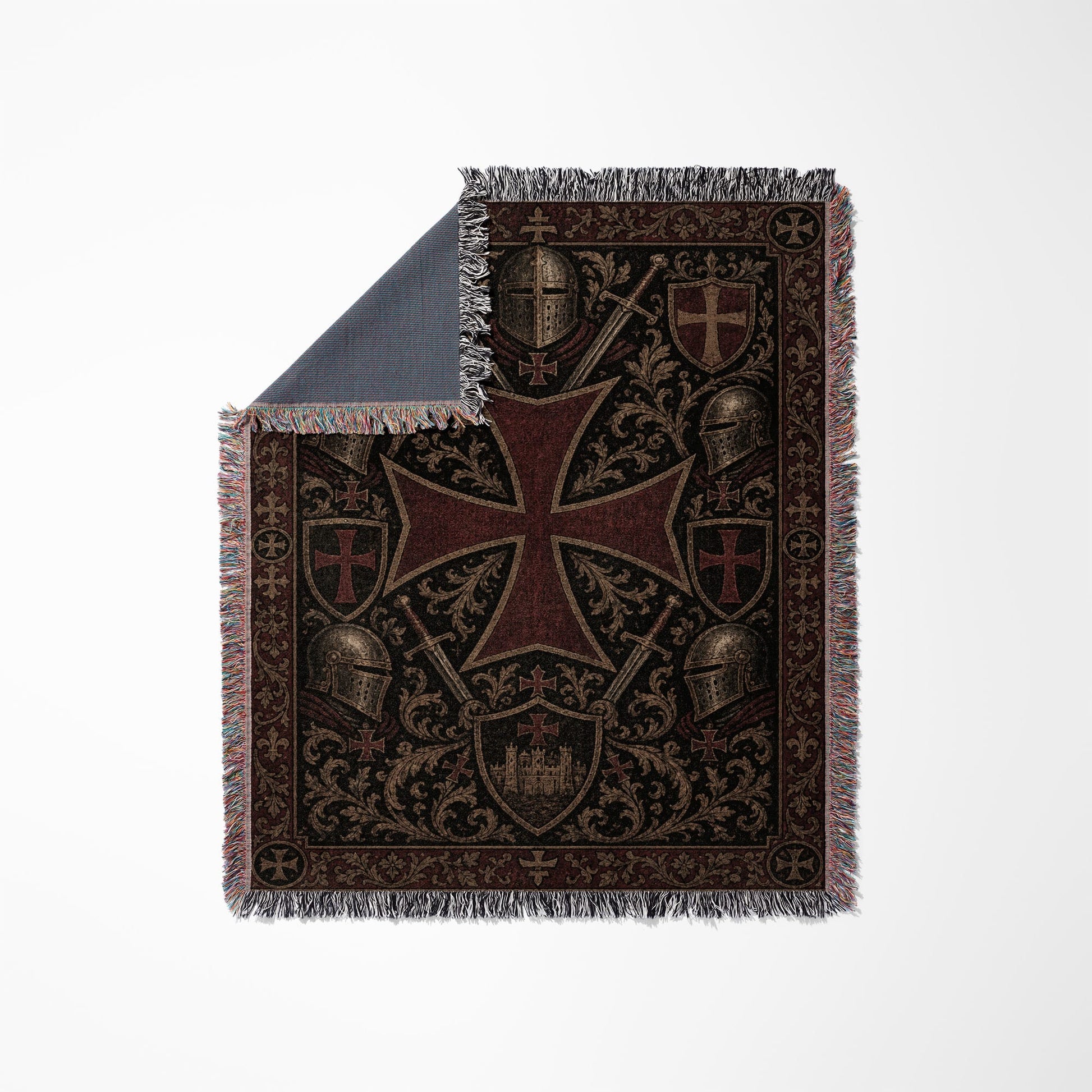 Tapestry blanket with Templar cross, swords, shields, and castles.