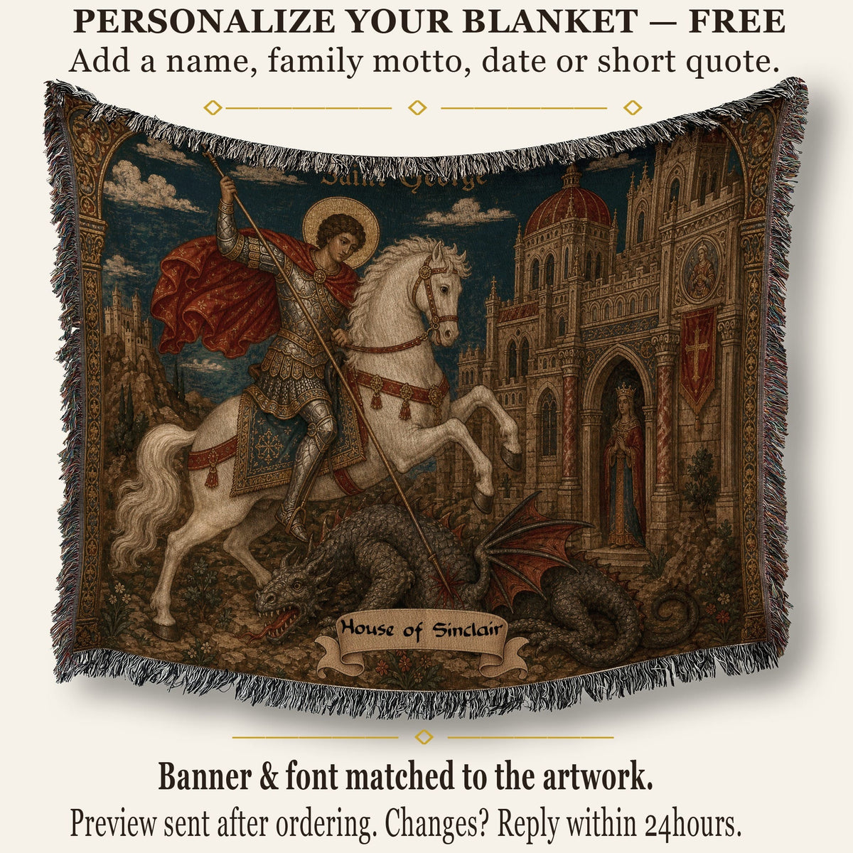 CalmNestStyle Saint George Icon at the Castle jacquard woven blanket