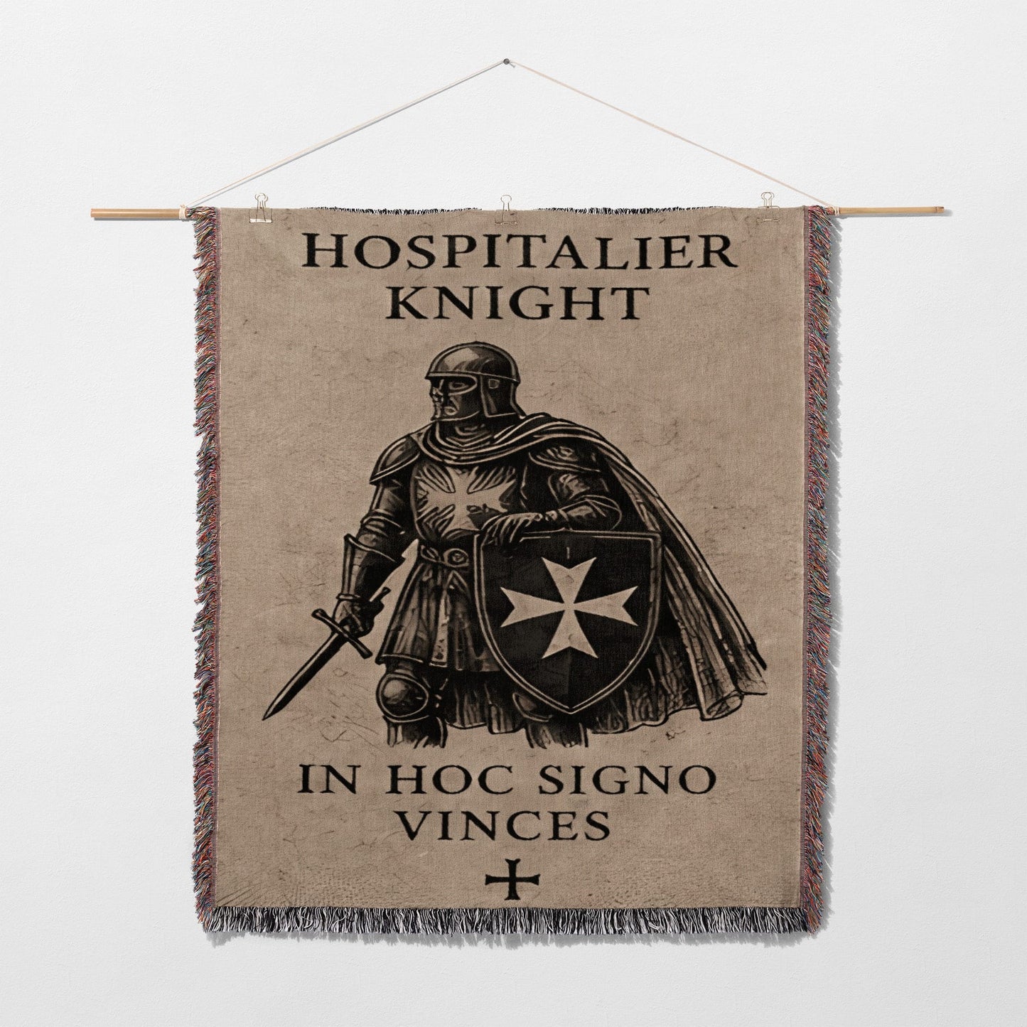 Hospitalier Knight tapestry with sword, shield and Latin text.