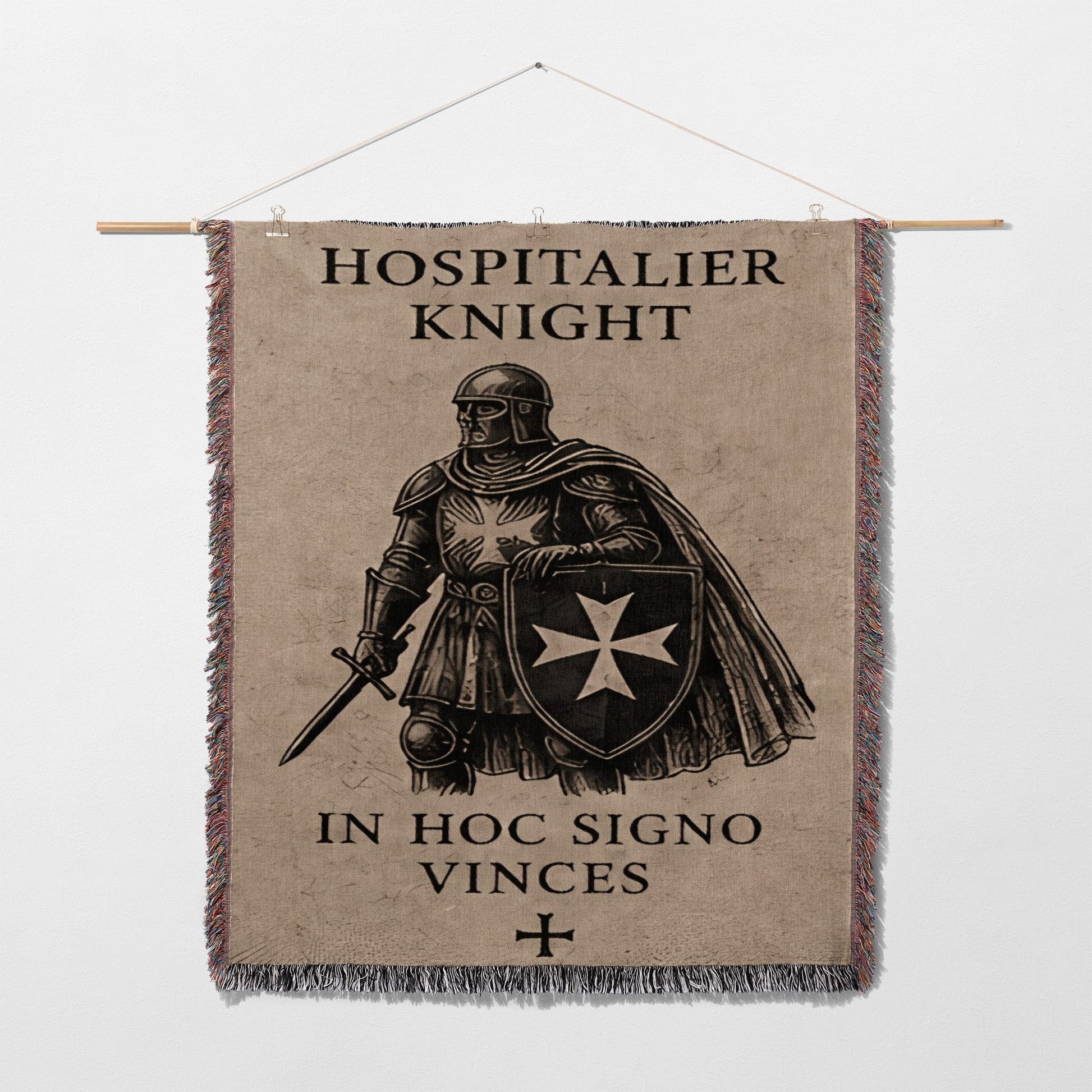 Hospitalier Knight tapestry with sword, shield and Latin text.
